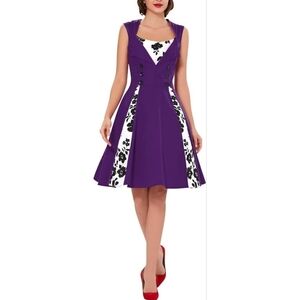 KILLREAL Women's XXL Purple Retro 50s Vintage Style Cocktail Party Swing Dress